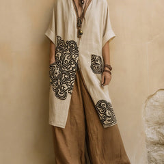 Bohemian three-piece set with cream kimono, tribal panel, and brown wide-leg pants