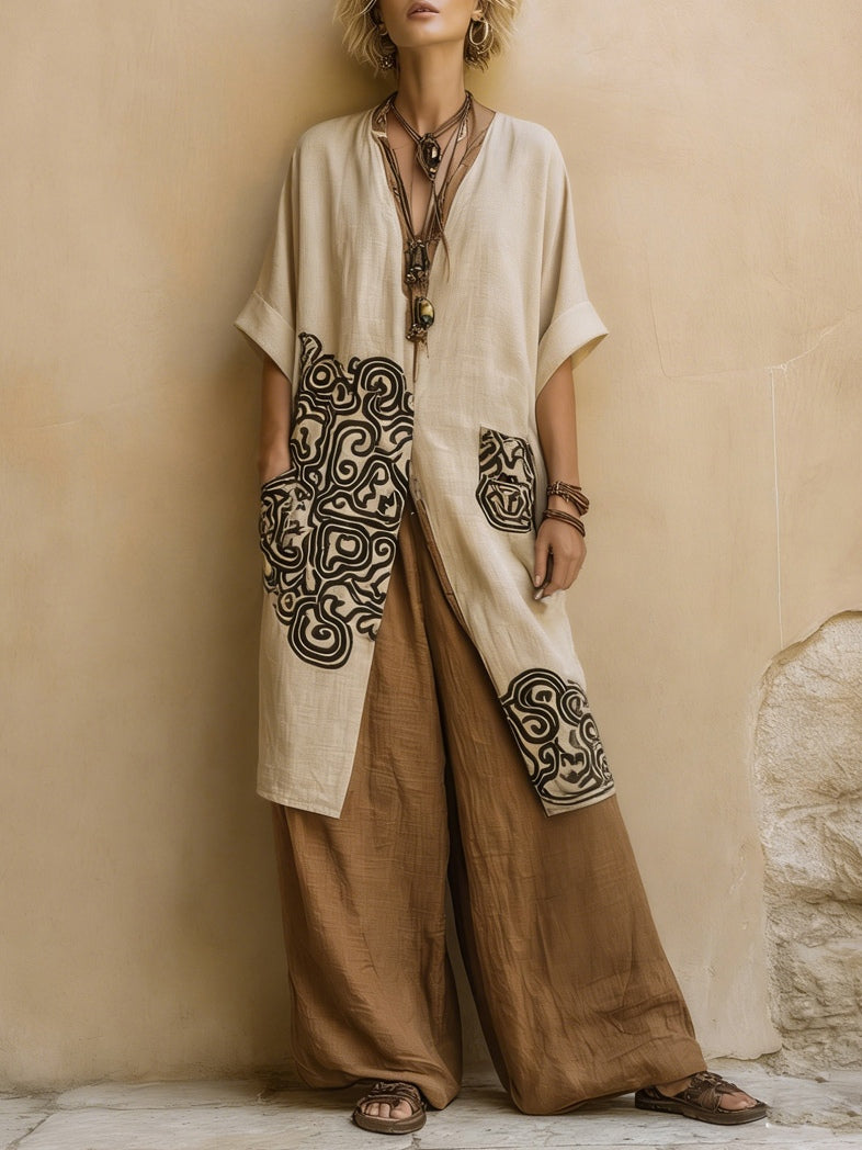 Bohemian three-piece set with cream kimono, tribal panel, and brown wide-leg pants