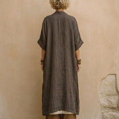 Dark gray short-sleeve tunic and brown wide-leg pants, back view