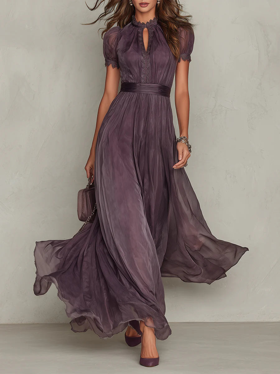 Abito maxi viola in tulle con scollo a goccia e maniche corte, gonna svolazzante