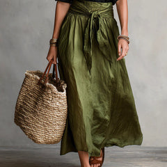 Black blouse top and olive green midi skirt two-piece set, full view with tied waist