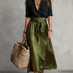 Black blouse top and olive green midi skirt two-piece set, front view