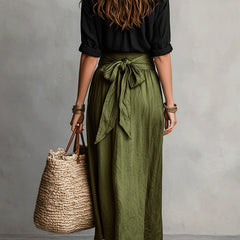Black blouse top and olive green midi skirt two-piece set, back view