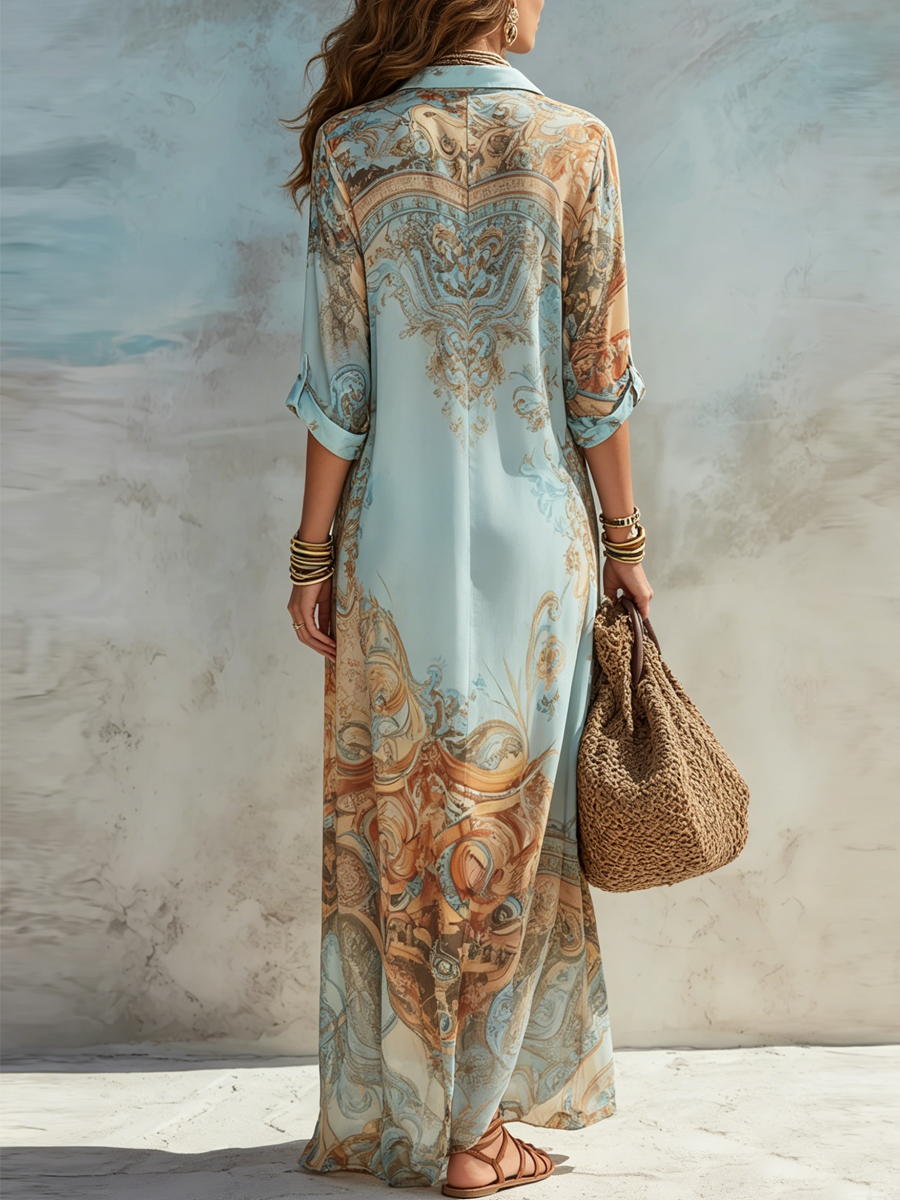Abito elegante azzurro con stampa barocca sul retro, maniche 3/4, lungo