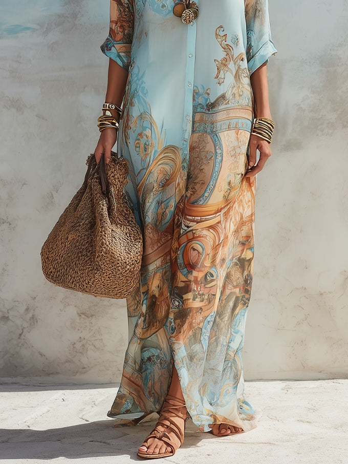 Abito elegante azzurro con stampa barocca multicolore, fondo lungo, linea fluida