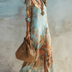 Abito elegante azzurro con stampa barocca arancio e verde, maniche 3/4, lungo