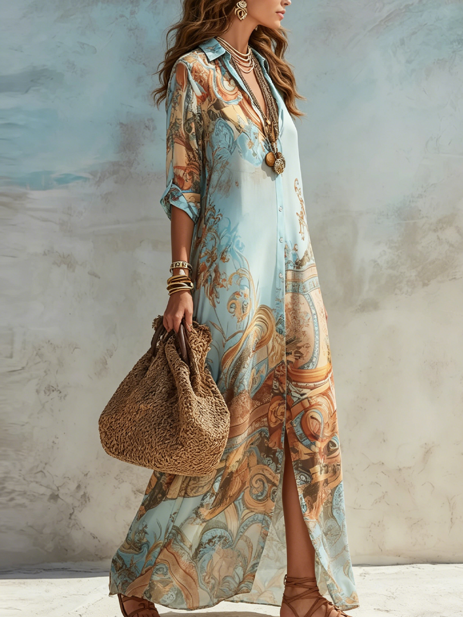 Abito elegante azzurro con stampa barocca arancio e verde, maniche 3/4, lungo