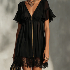 Black zip-front mini dress with ruffle sleeves, V neckline, and lace-trim hem