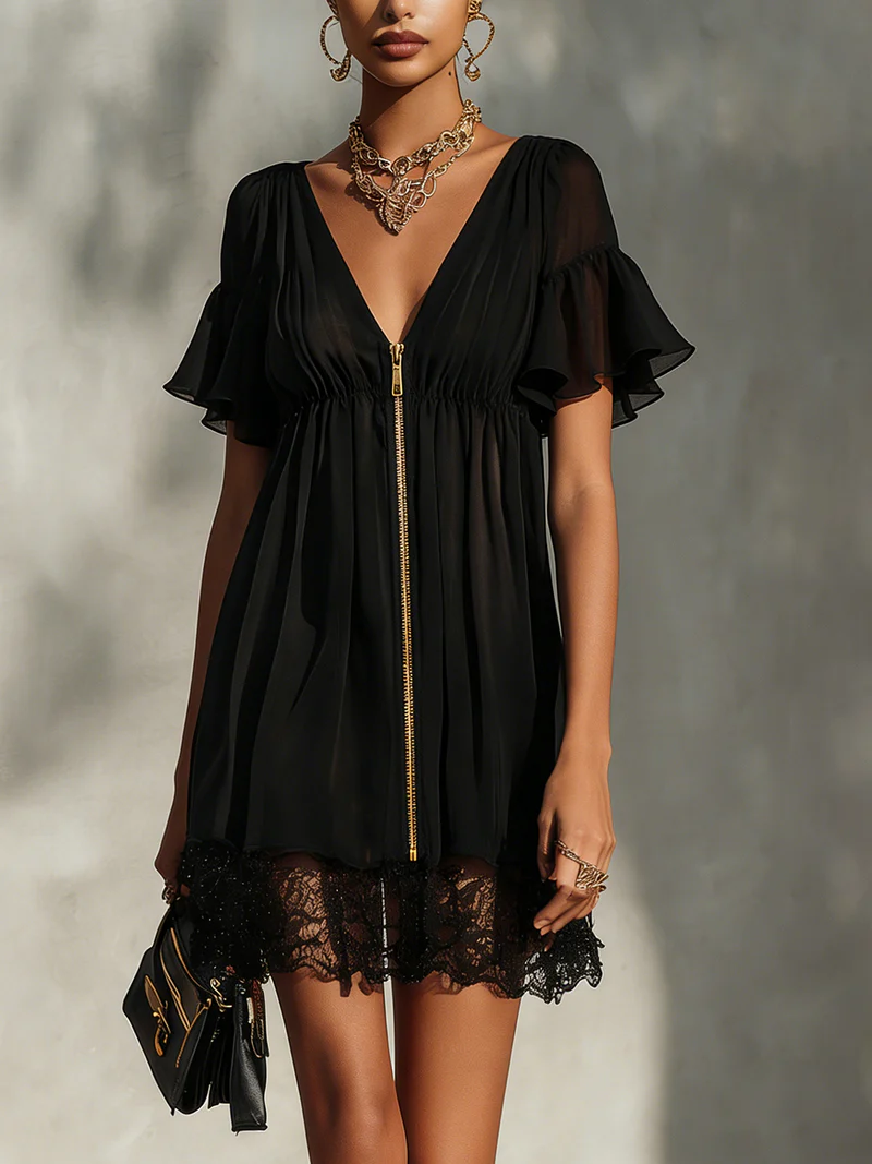 Black zip-front mini dress with ruffle sleeves, V neckline, and lace-trim hem