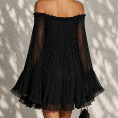 Black off-shoulder ruffle-sleeve midi dress, back view, pleated tiered hem