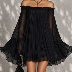 Black off-shoulder ruffle-sleeve midi dress with gathered bodice and tiered skirt