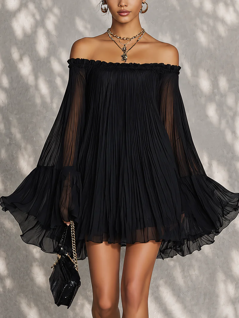 Black off-shoulder ruffle-sleeve midi dress with gathered bodice and tiered skirt
