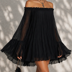 Black off-shoulder ruffle-sleeve midi dress with flowing pleated skirt