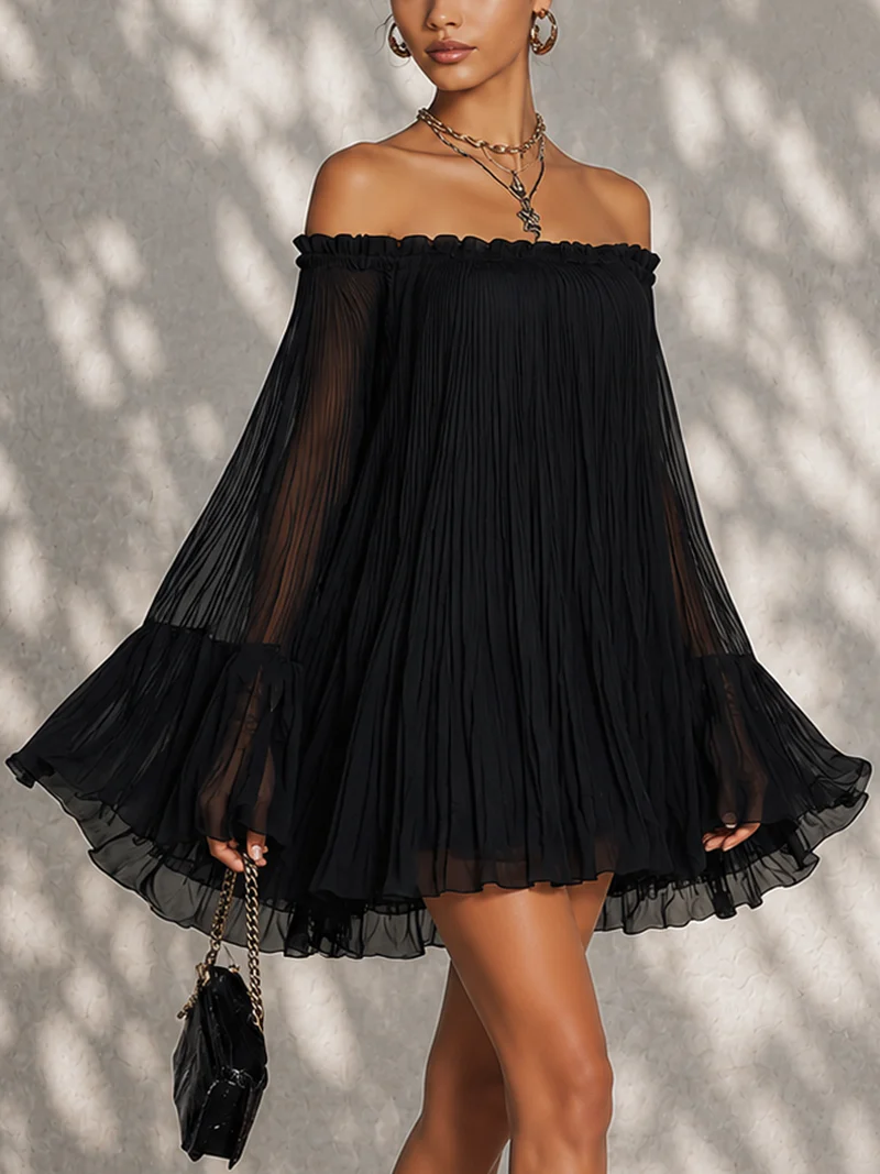 Black off-shoulder ruffle-sleeve midi dress with flowing pleated skirt