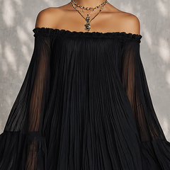 Black off-shoulder ruffle-sleeve midi dress with smocked neckline and sheer sleeves