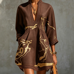 Dark brown lace midi dress with V-neck, gold motif embroidery, lace-trim 3/4 sleeves