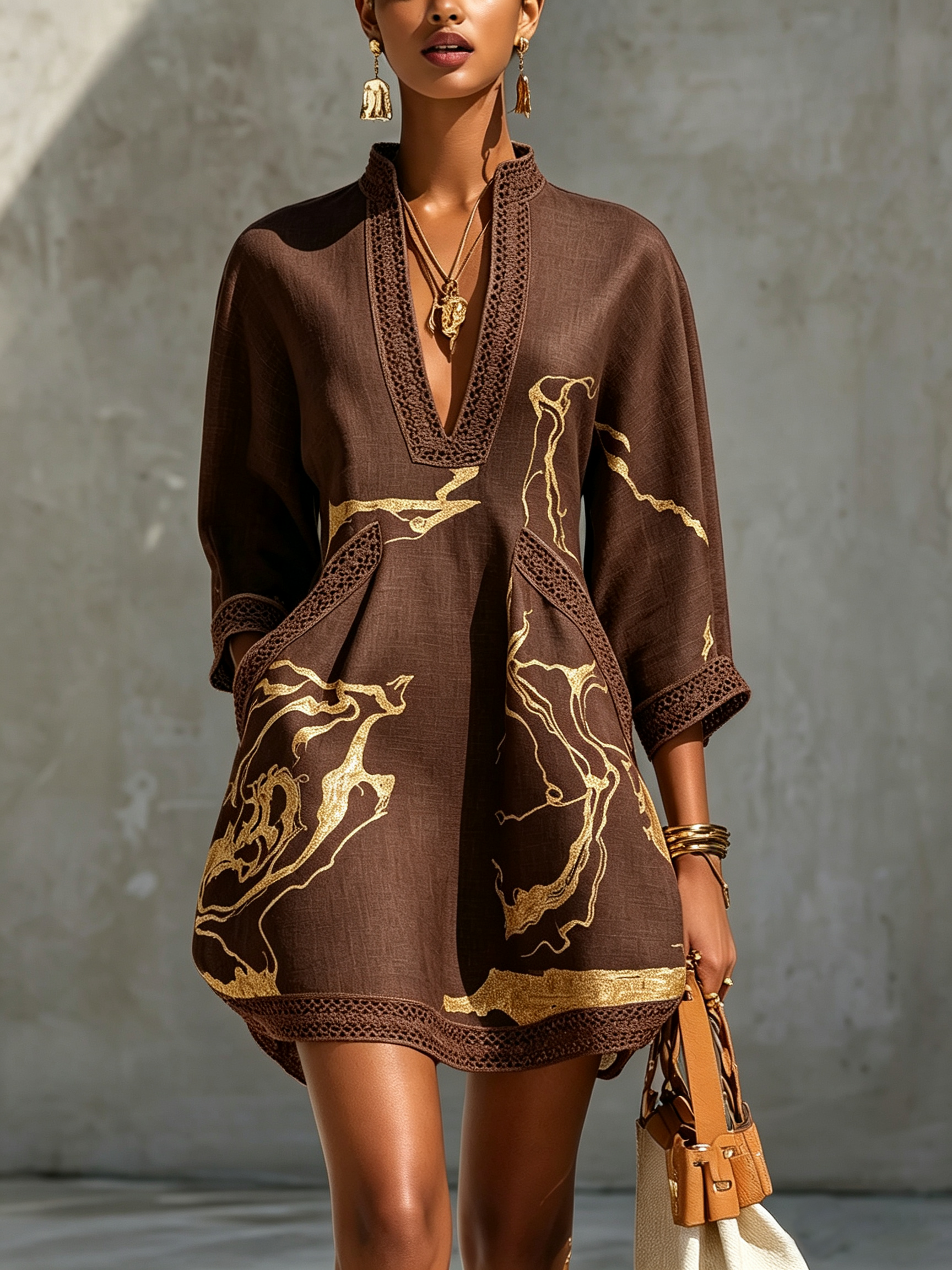 Dark brown lace midi dress with V-neck, gold motif embroidery, lace-trim 3/4 sleeves