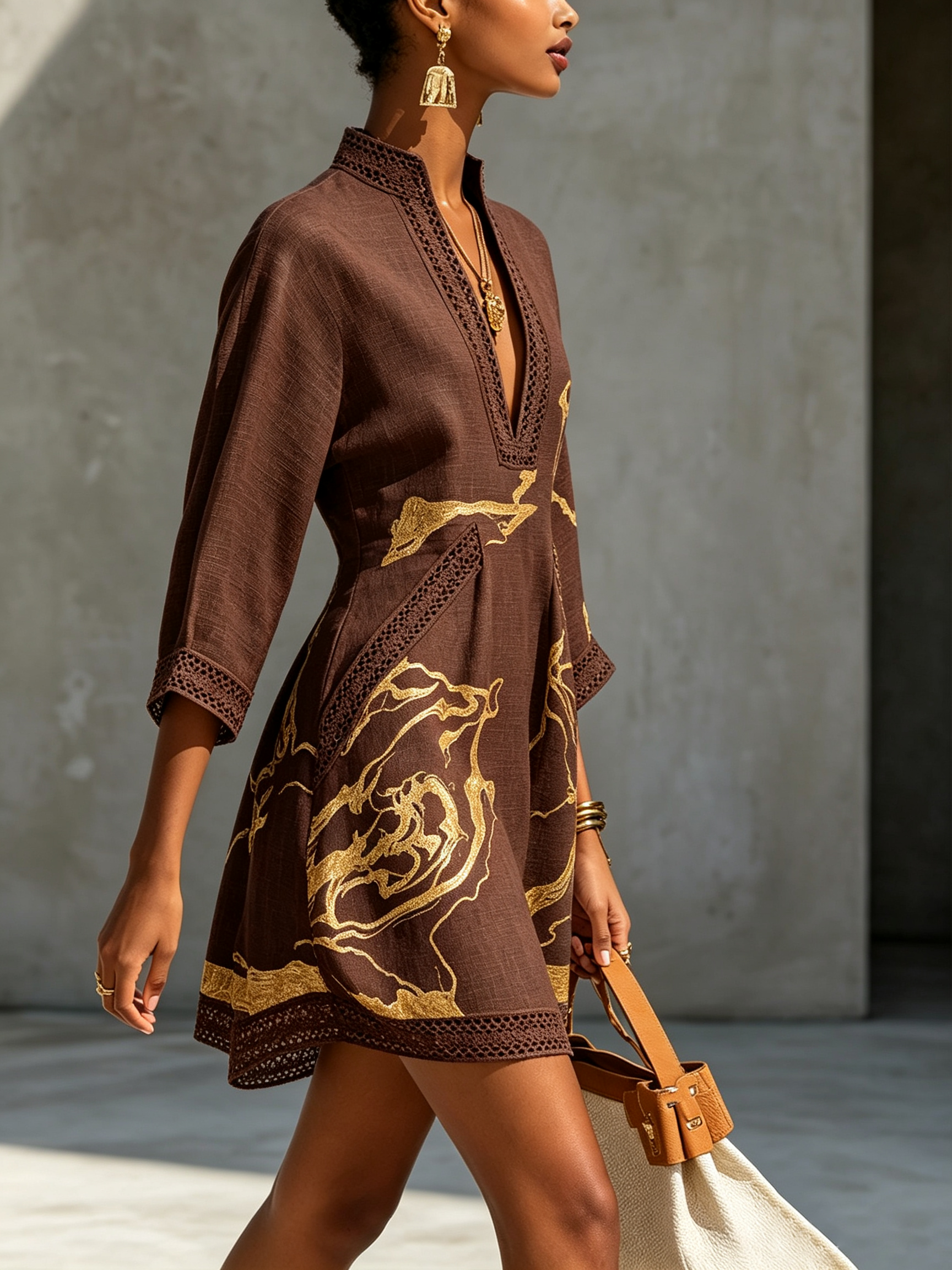Dark brown lace midi dress with V-neck, gold embroidery, lace-trim 3/4 sleeves