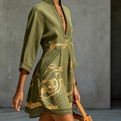 Olive green lace midi dress with V-neck, gold motif embroidery, lace-trim 3/4 sleeves