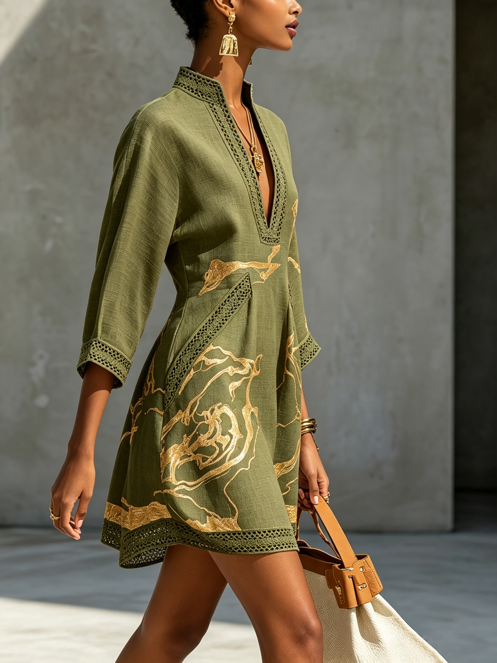 Olive green lace midi dress with V-neck, gold motif embroidery, lace-trim 3/4 sleeves