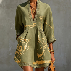 Sage green lace midi dress with V-neck, gold motif embroidery, lace-trim 3/4 sleeves
