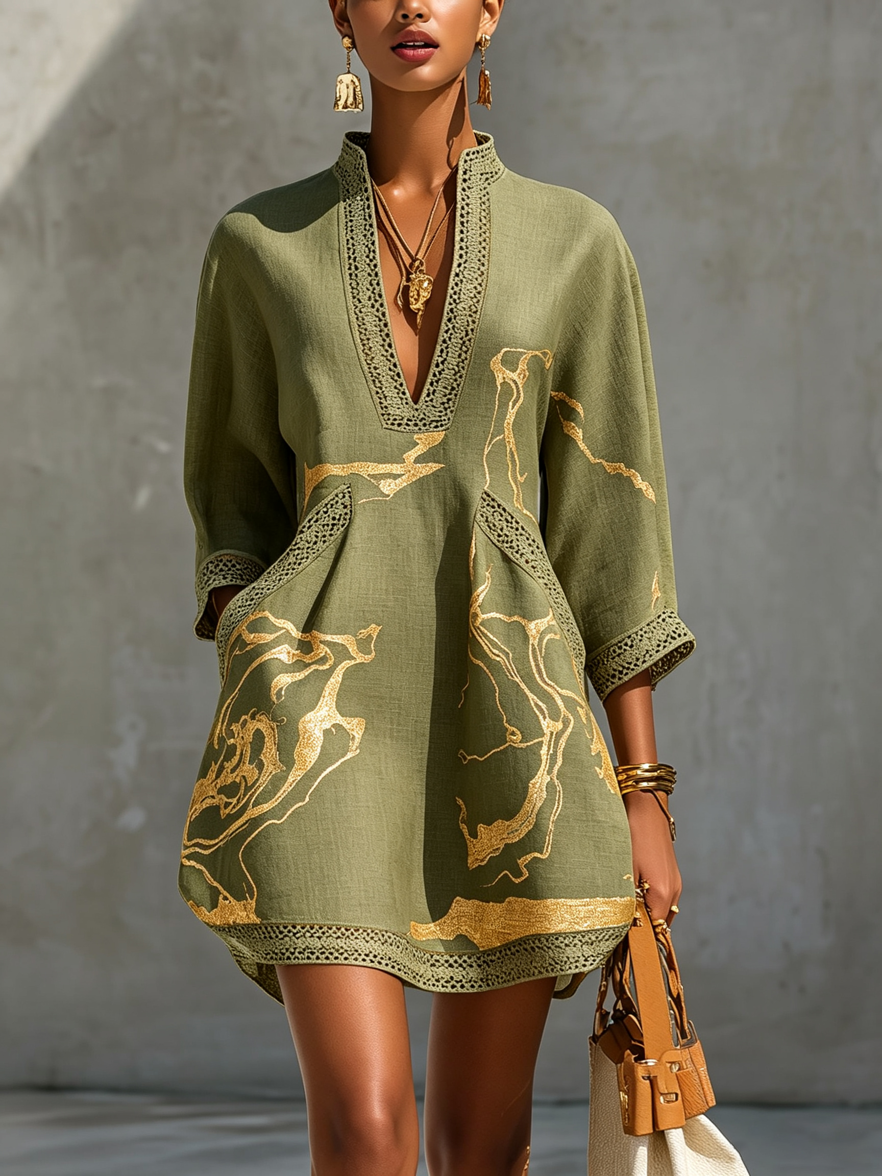 Sage green lace midi dress with V-neck, gold motif embroidery, lace-trim 3/4 sleeves
