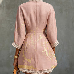Light pink lace midi dress with V-neck, gold motif embroidery, lace-trim sleeves
