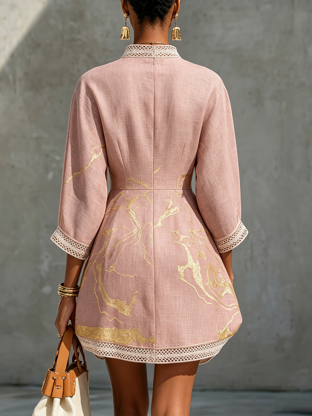 Light pink lace midi dress with V-neck, gold motif embroidery, lace-trim sleeves
