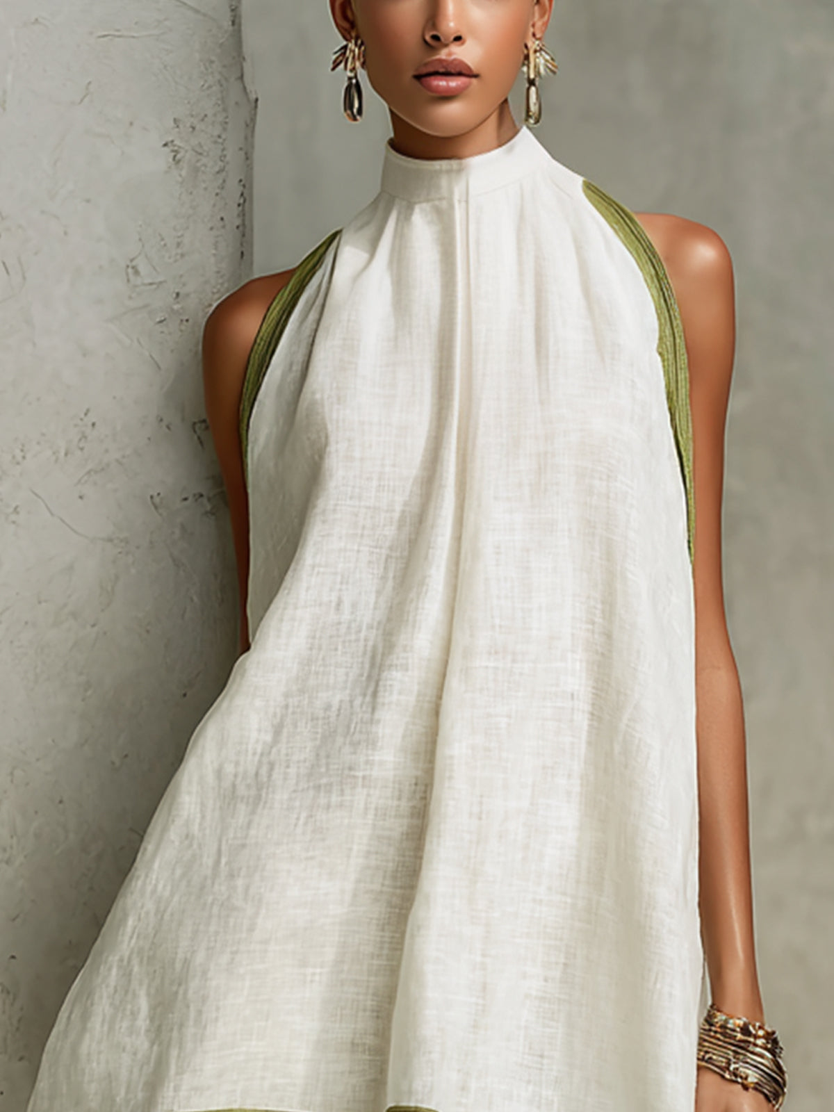 White halter midi dress with high neckline and green side trim