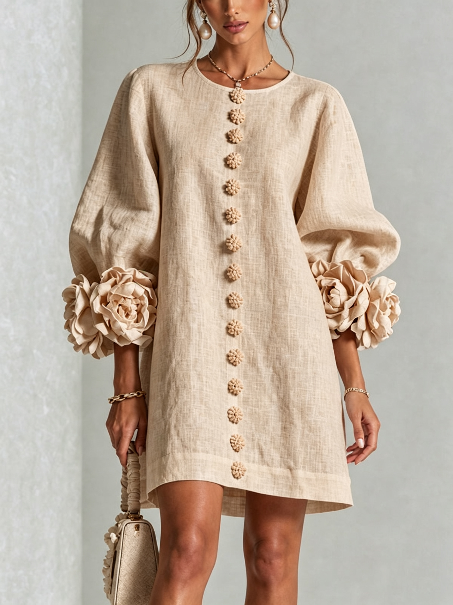 Beige button-front midi dress with floral cuff details