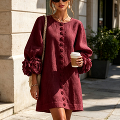 Burgundy linen midi dress with round neckline and vertical embroidered button trim