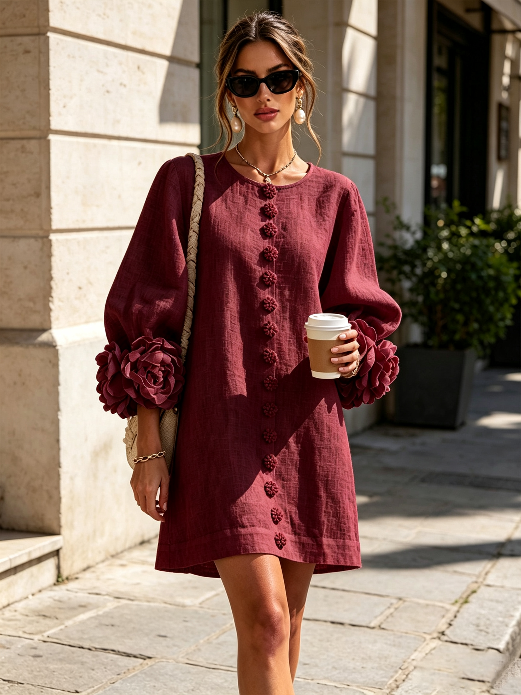 Burgundy button-front mini dress with embroidered front placket and ruffled rose sleeve cuffs.