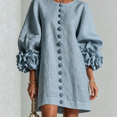 Light blue button-front mini dress with embroidered front placket and rosette sleeve cuff details.