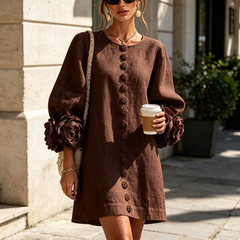 Dark brown button-front midi dress with vertical button placket and flower sleeve cuffs