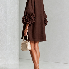 Dark brown button-front midi dress with puff sleeves and flower applique cuff details