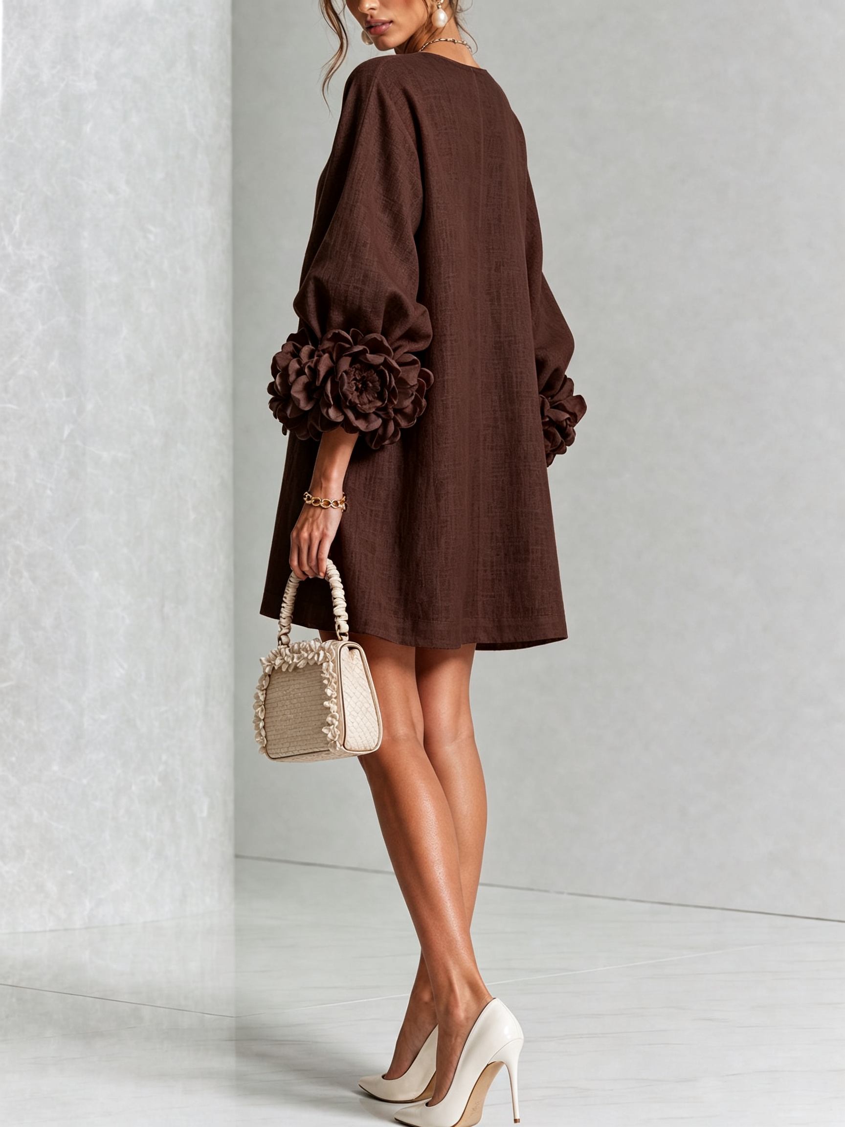 Dark brown button-front midi dress with puff sleeves and flower applique cuff details