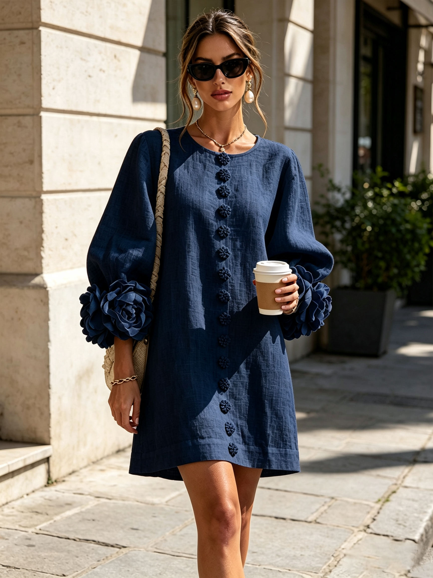 Dark navy button-front midi dress with rosette cuffs, long sleeves, front view