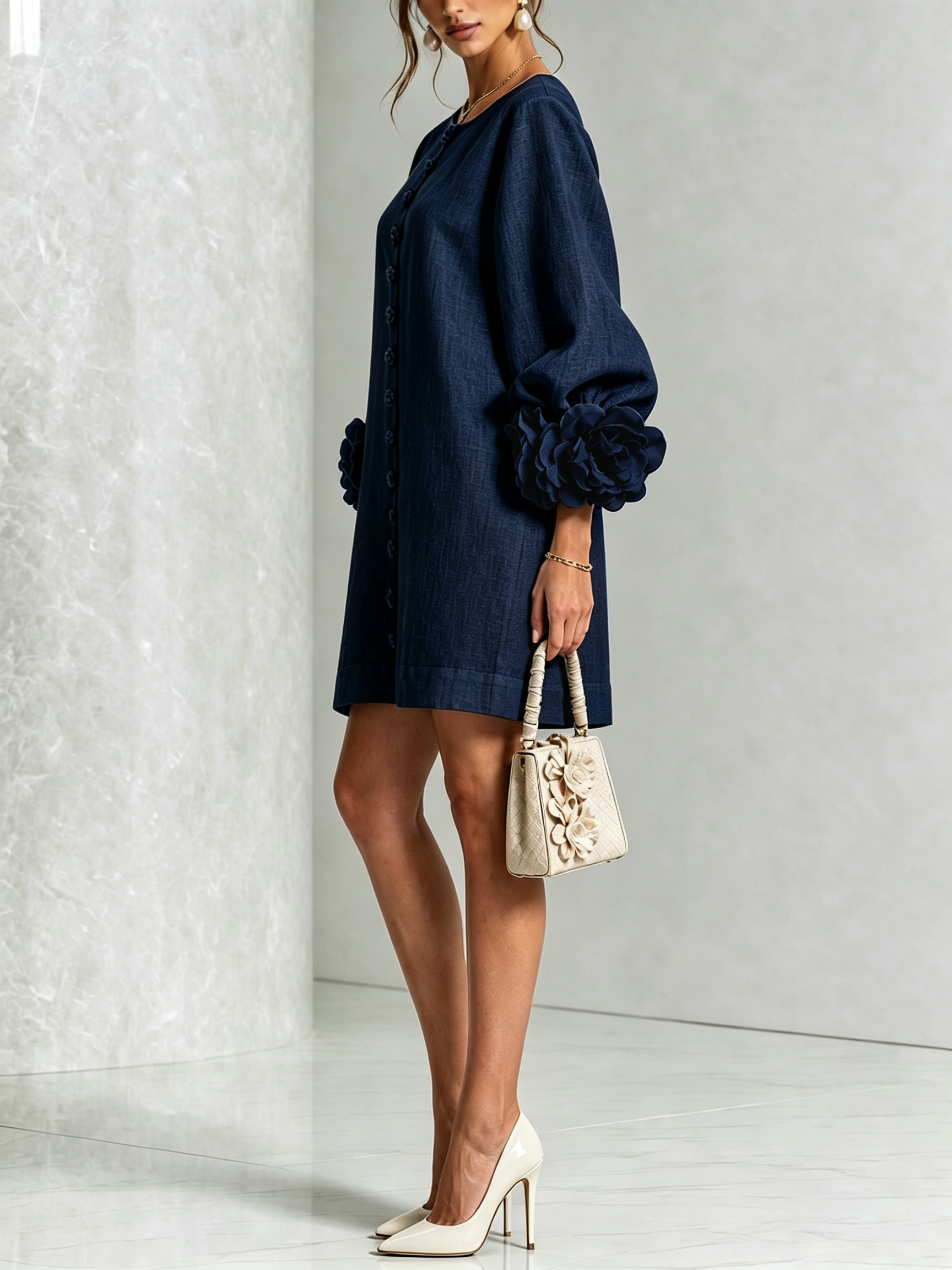 Dark navy button-front midi dress, long sleeves with rosette cuffs, side view