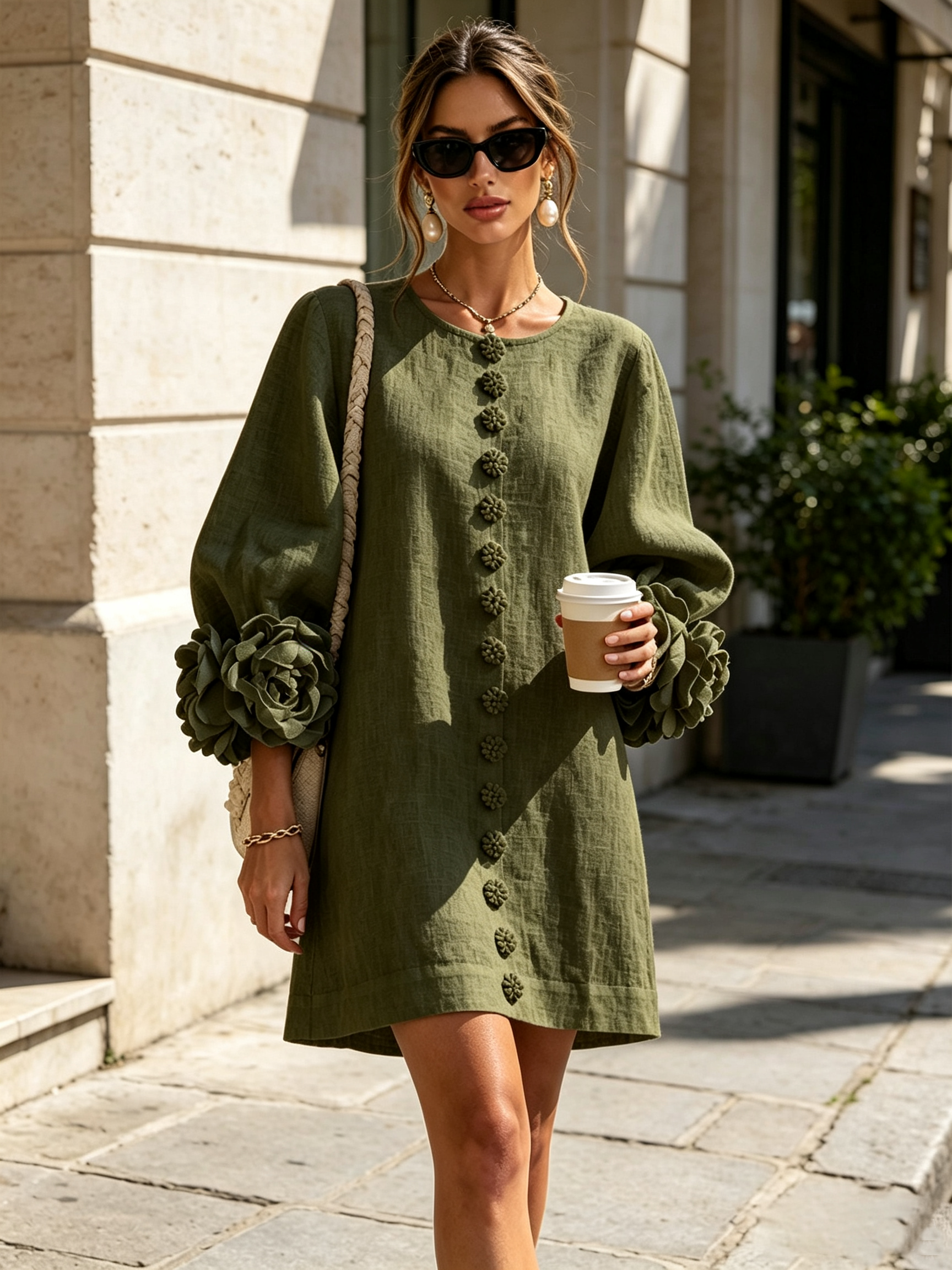 Olive button-front midi dress with puff sleeves and decorative floral cuff