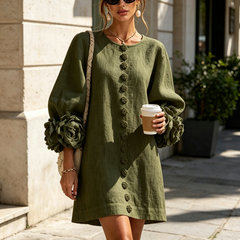Olive green button-front midi dress with round neckline and puff sleeves with rosette cuffs