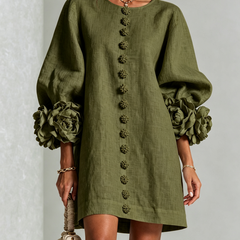 Olive midi dress with button front, floral embroidery, and puff sleeves