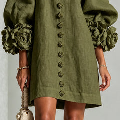 Olive green button-front midi dress with floral rosette trim and puff sleeves