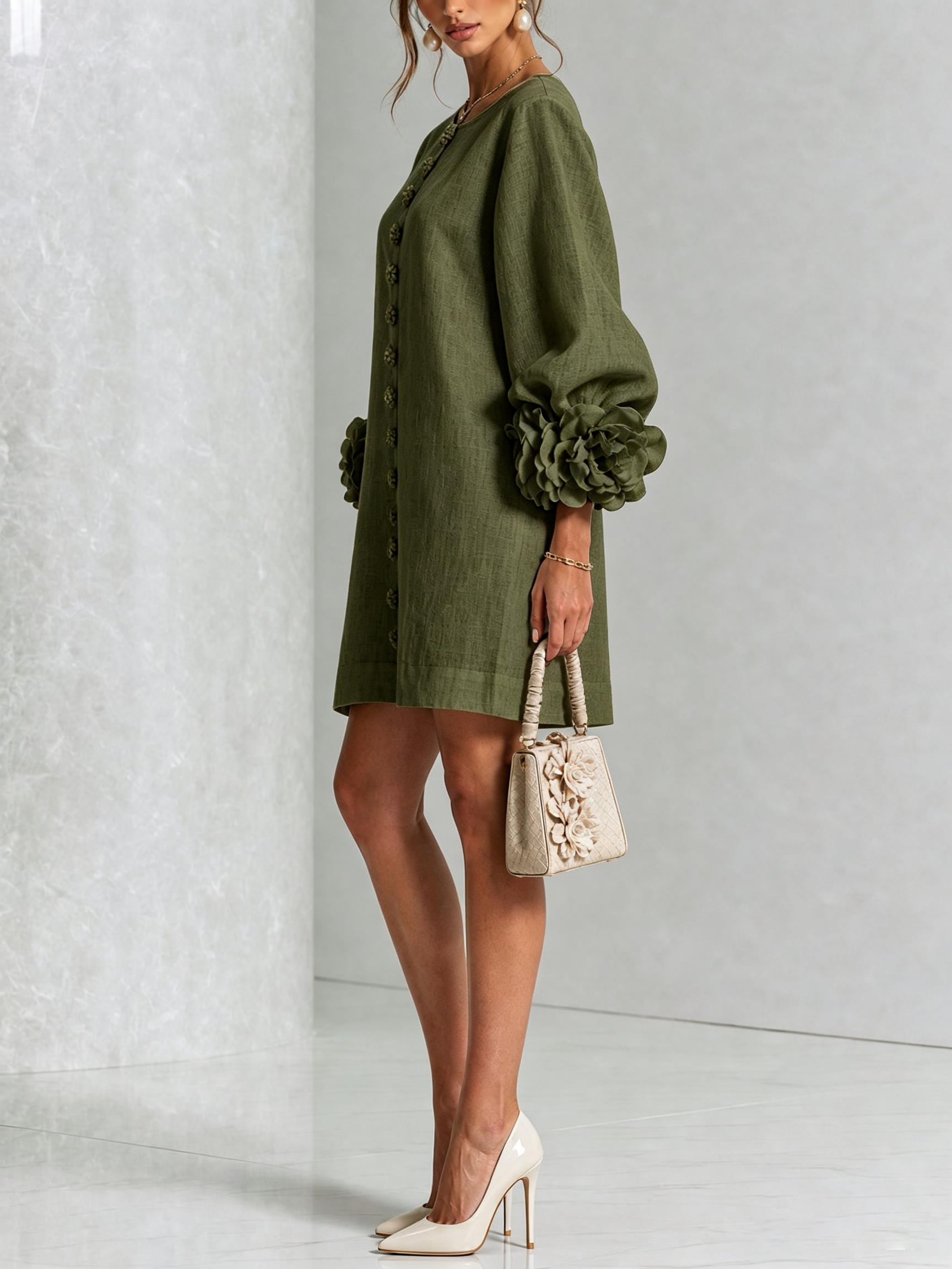 Olive green button-front midi dress, side view, round neck and rosette puff sleeves
