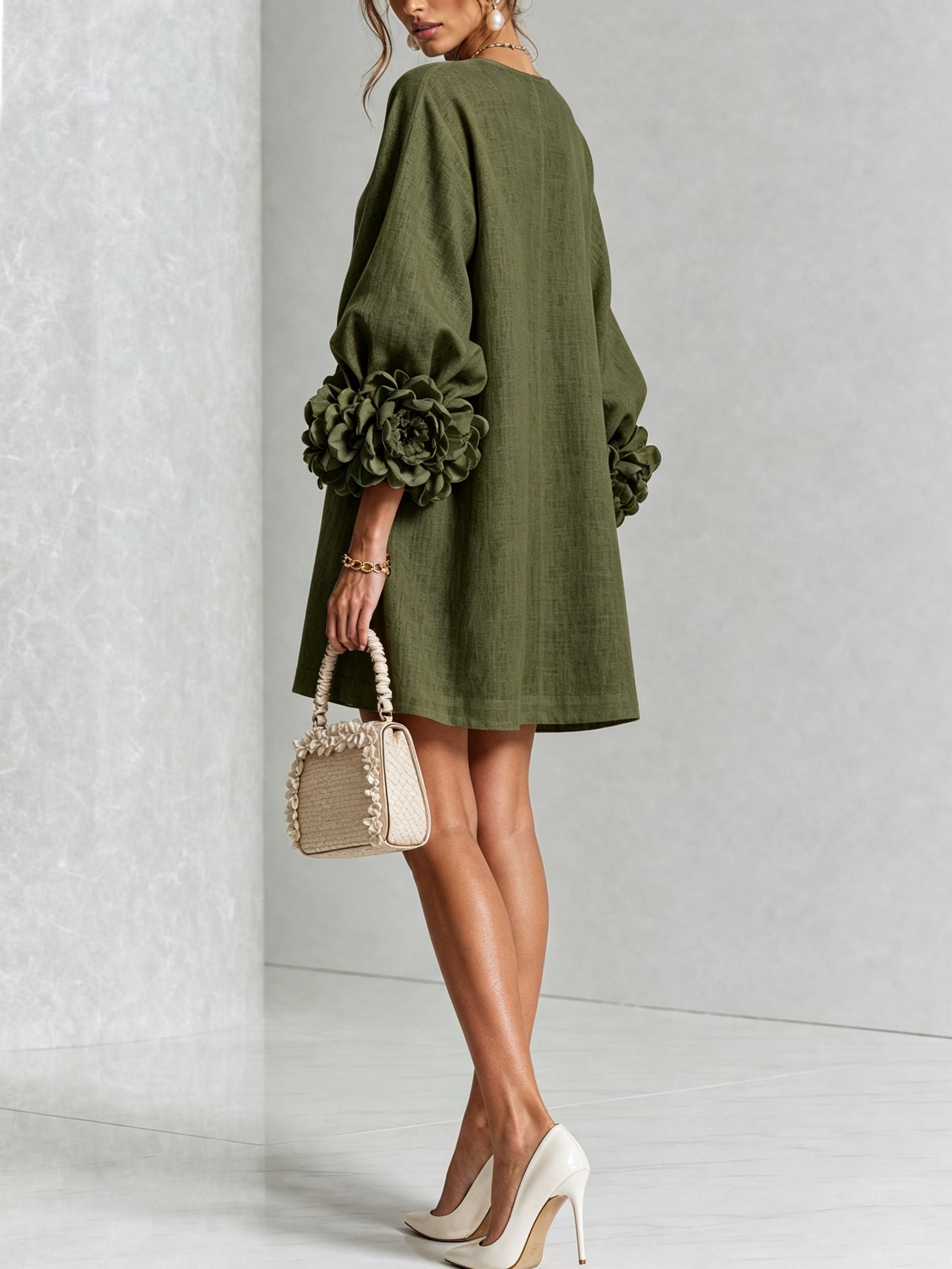 Olive green button-front midi dress with rosette cuff sleeves and gold button placket