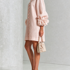Light pink midi dress, button-front; puff sleeves with rosette cuff appliques