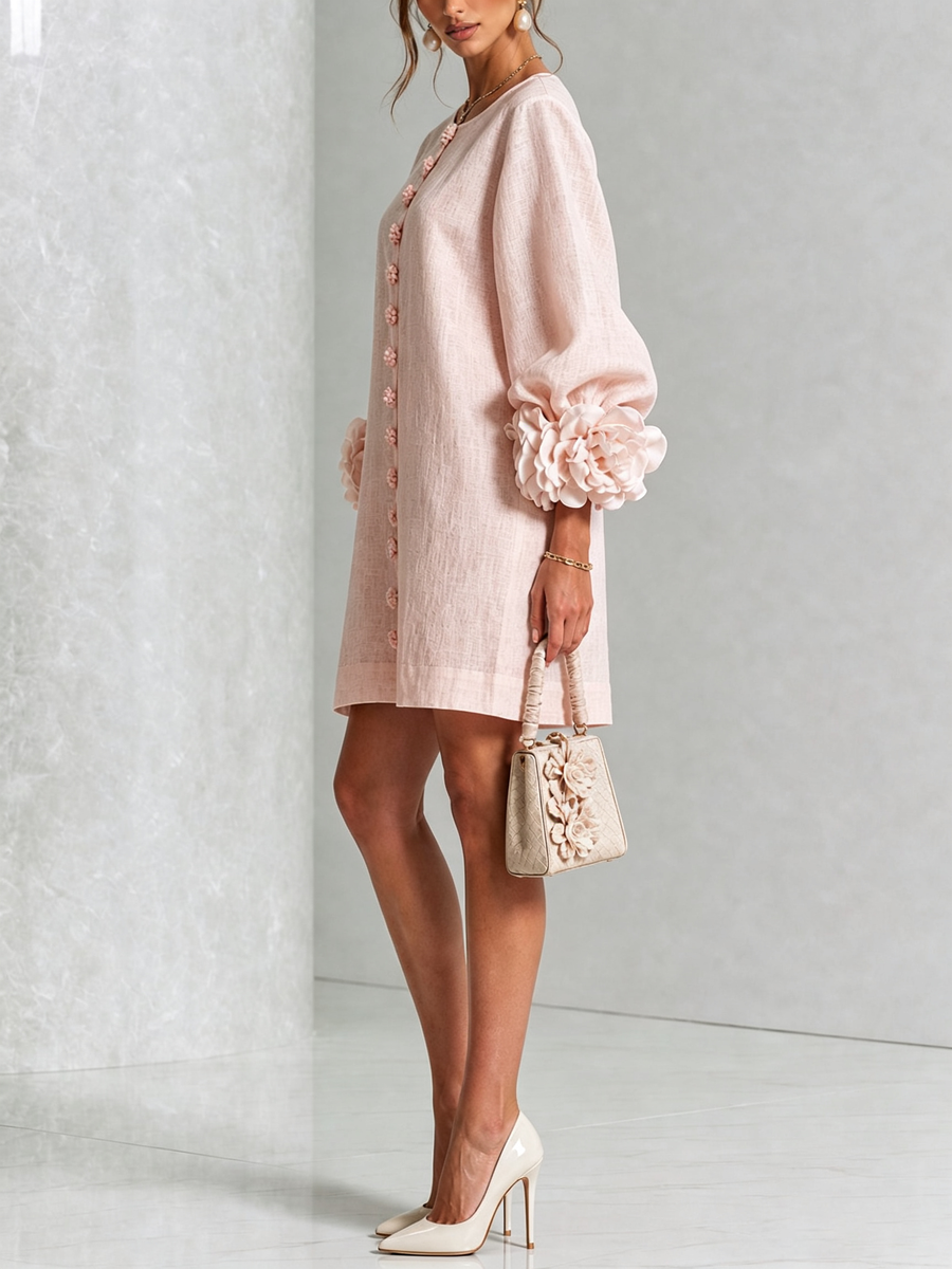 Light pink midi dress, button-front; puff sleeves with rosette cuff appliques