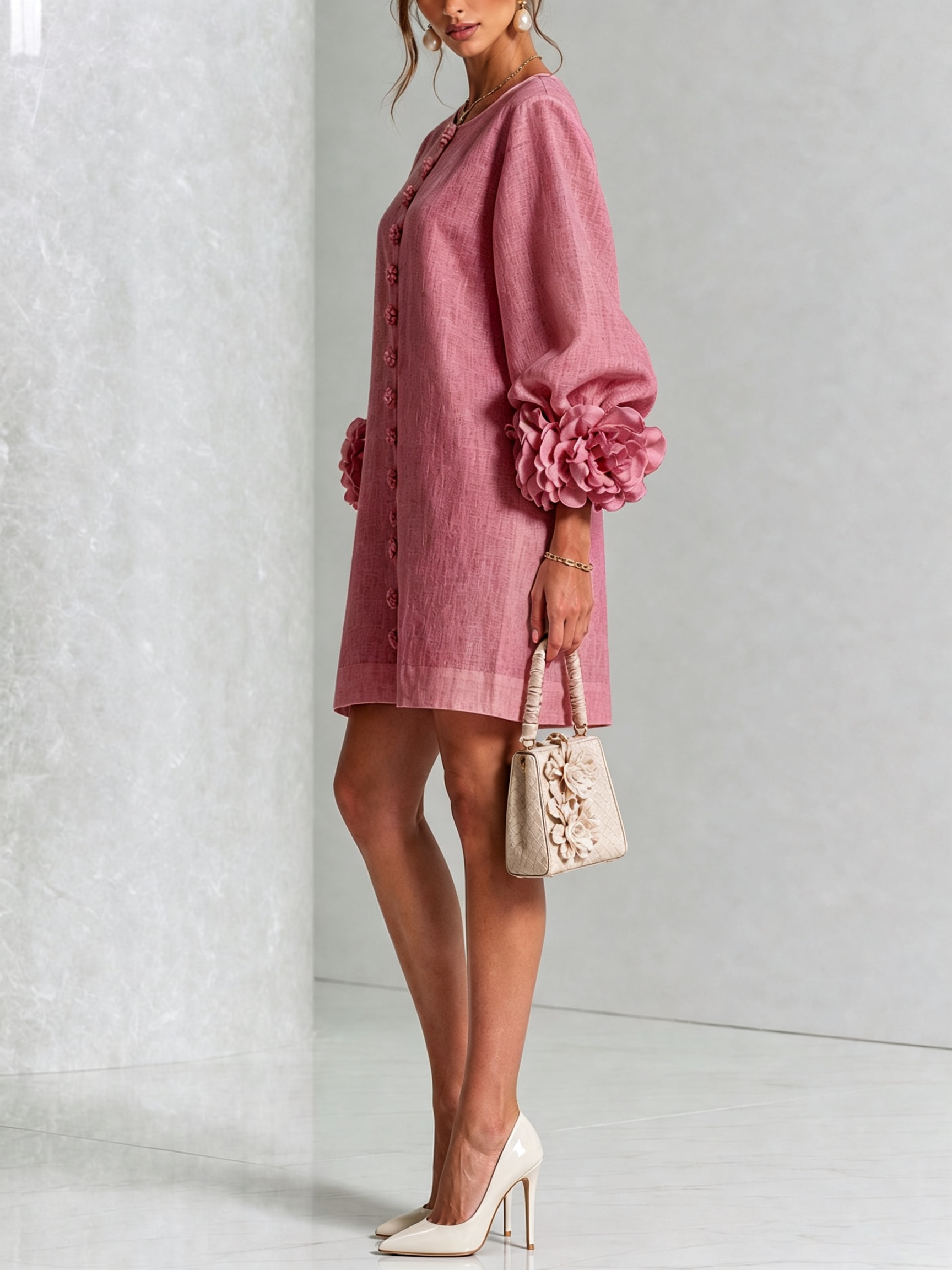 Dusty rose button-front midi dress with rosette sleeve cuffs and short button placket