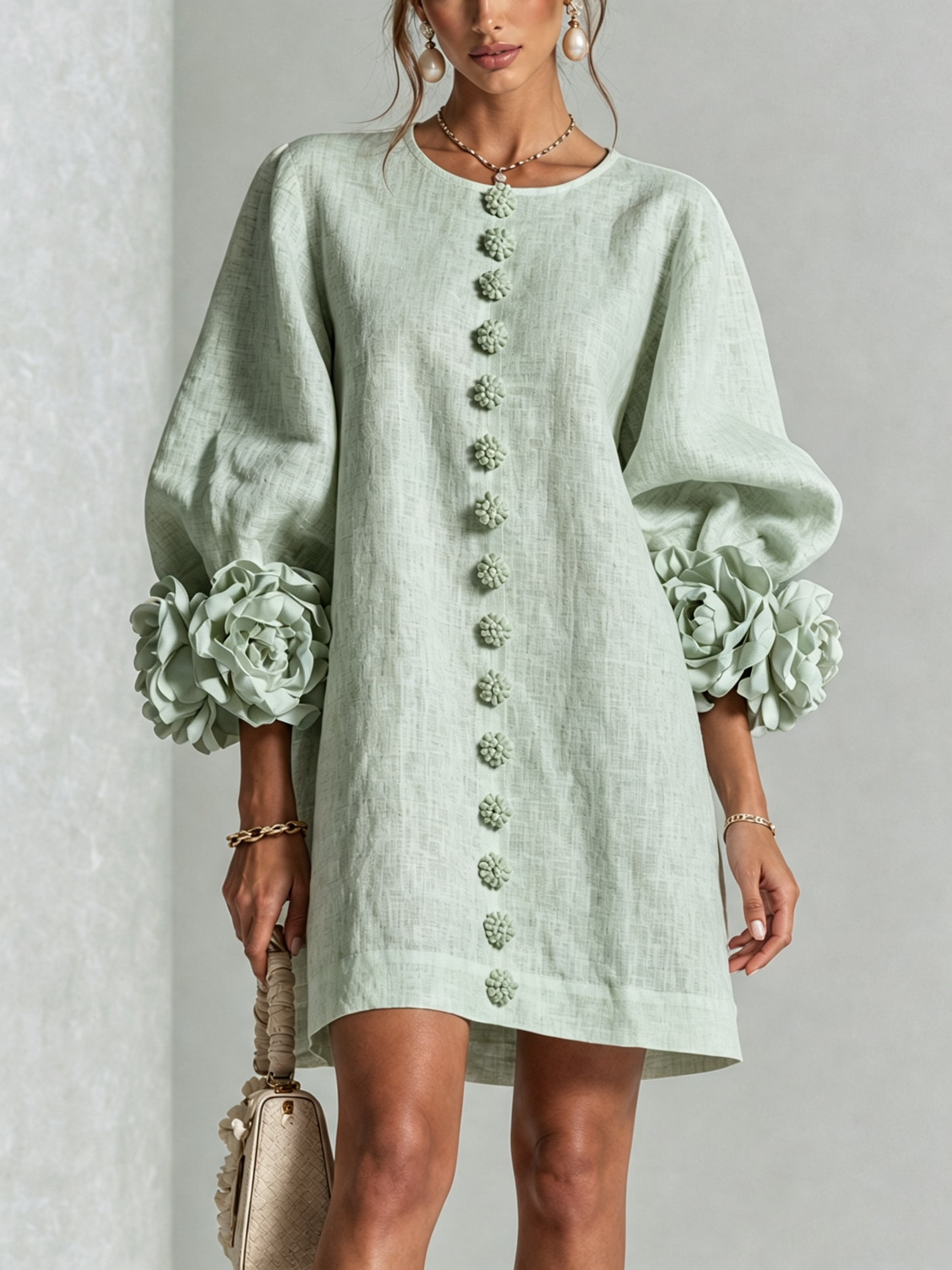 Sage green linen midi dress with round neck, vertical floral embroidery, puff sleeves