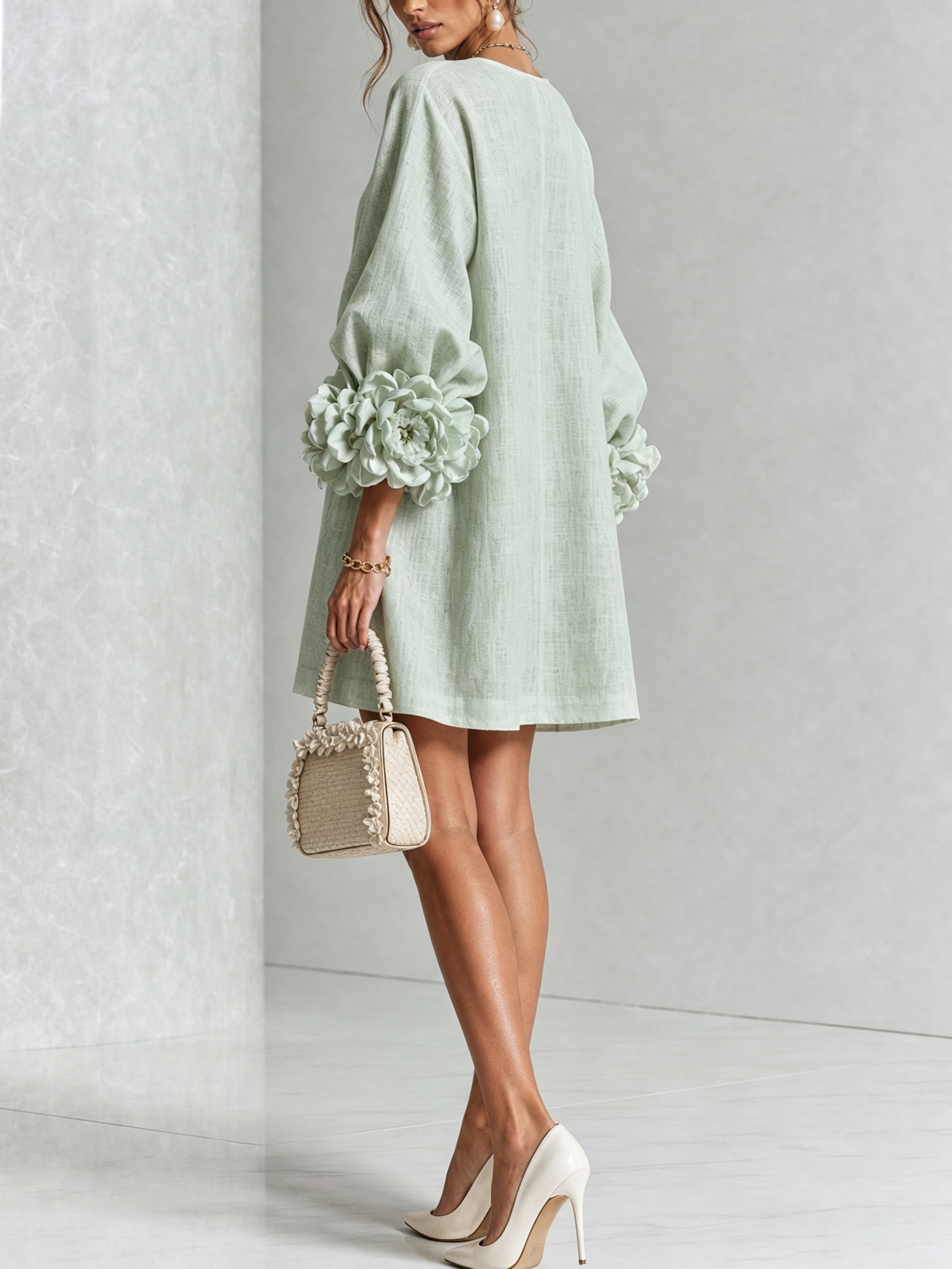 Sage green button-front mini dress with embroidered front and oversized rosette sleeve cuffs.