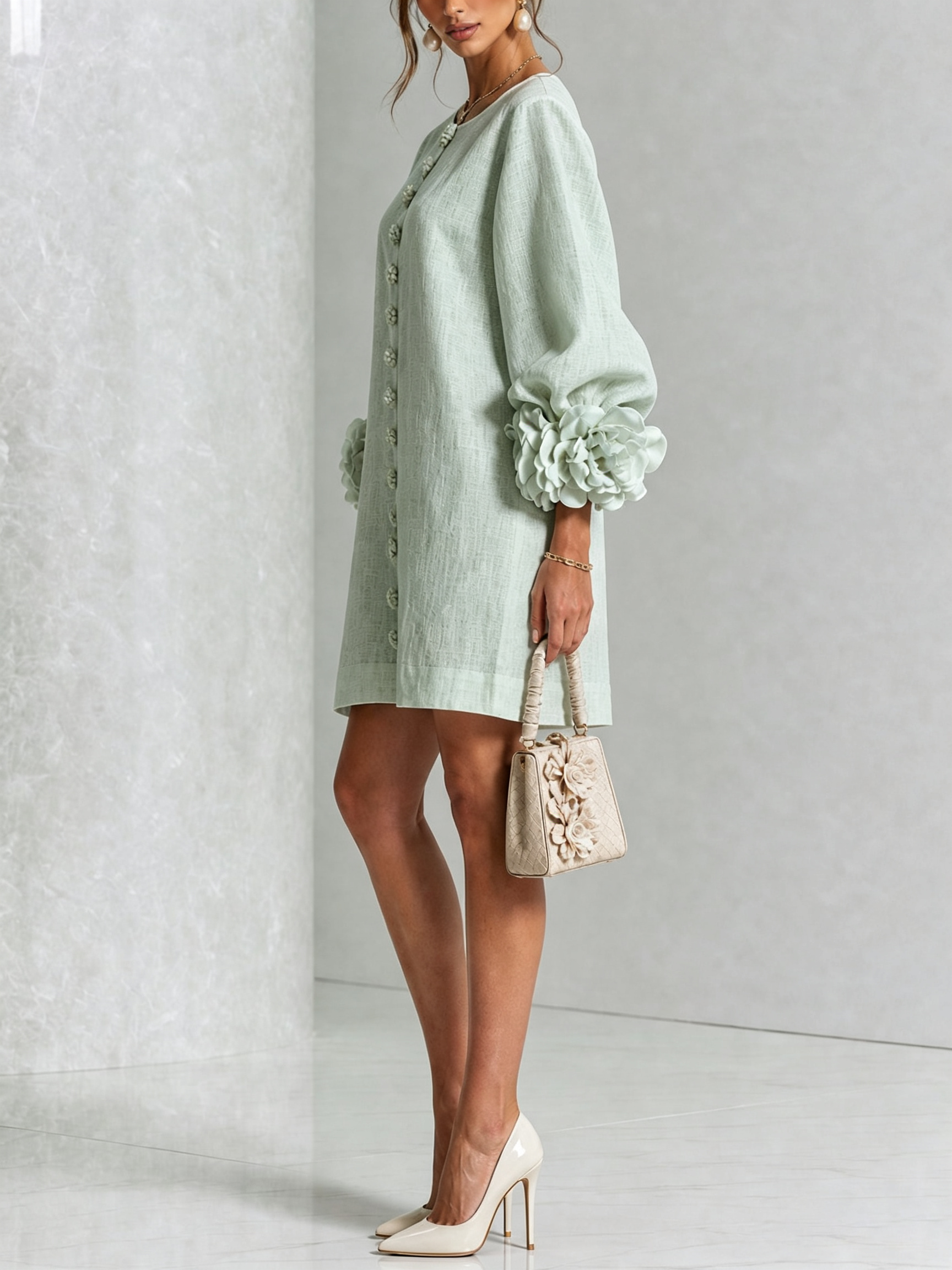 Sage green midi dress with round neck, floral-embroidered placket, puff sleeves